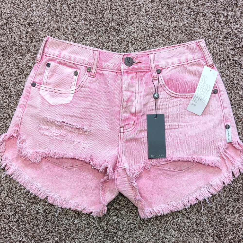 One Teaspoon Mid Waist Le Wolves Pink Distressed Cotton Shorts Size 25 NEW